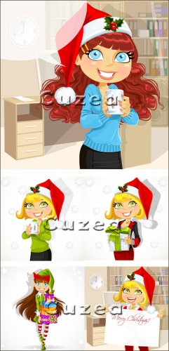 The girl in Santa's cap with gifts in a vector