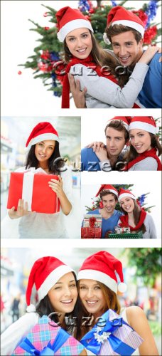 Girls and the guy in a cap sant with boxes of gifts