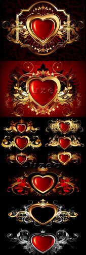          / Bright hearts with a gold ornament against a dark background in a vector