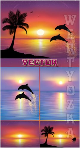     / Seascapes and the dolphins - Vector clipart