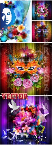   ,      / Background with flowers, a mask and a silhouette of a girl - Vector clipart