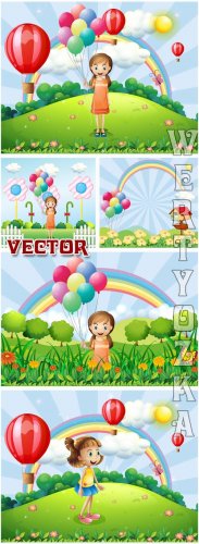      / Celebratory children's backgrounds with a girl - vector clipart