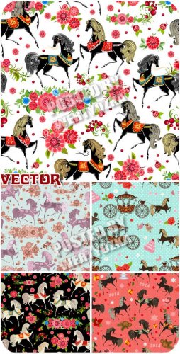       / Vector background with horses and fl ...