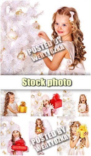   ,   / Girl with gifts, christmas tree - stock photo